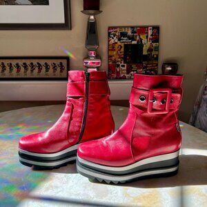Red Leather Platform Moto Bootie Buckle Marco Moreo Milano Italy Sz US 6.5 IT 37